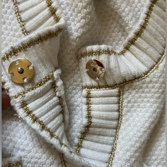 Adrianna Papell Metallic Stripe Waffle Knit Crop Cardigan Ivory Gold Size L - Picture 10 of 13